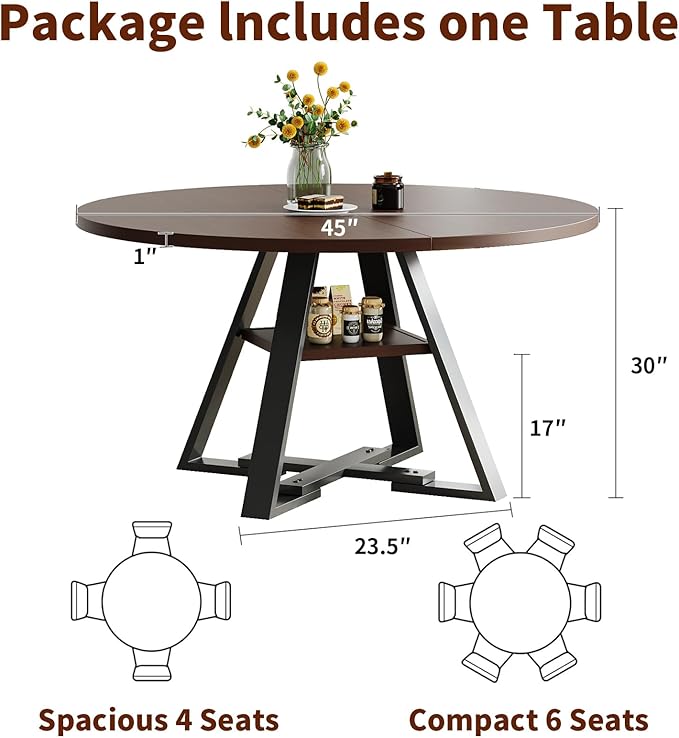 45.3" Walnut Round Dining Table Set with 4 Chairs – Mid-Century Modern Small-Space Kitchen & Dining Room Furniture for Apartment or Breakfast Nook