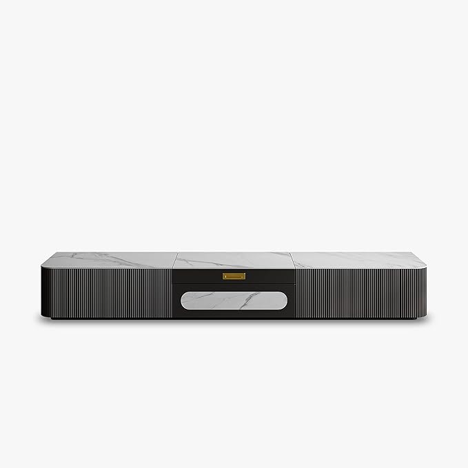 POVISON Fully-Assembled Modern TV Stand for Projector, Sintered Stone Entertainment Center with Storage for 65 inch TV, Wood TV Console, Media Console for Living Room Bedroom