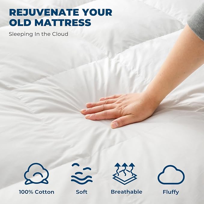 Goose Down Feather Mattress Topper, Full Down Mattress Protector Cover with Straps,Plush Soft Fluffy Baffled Pillowtop, Hypoallergenic Featherbed Cooling Pad All-Season Luxury(54X75 inch)