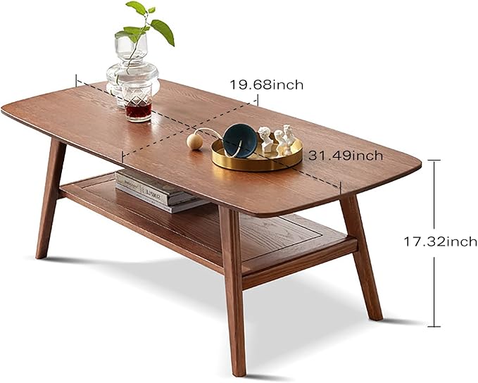 100% Solid Oak Coffee Table with Storage Shelf, 2-Tier Wooden Center Table for Living Room, Farmhouse Rustic Rectangle Table, Easy Assembly,31.49 Inch
