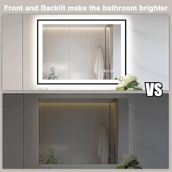 44x36 LED Light Mirror for Bathroom - Black Framed Mirror (Front and Backlit), Anti-Fog Bathroom Vanity Mirror, Stepless Dimmable Lighted Mirror, Tempered Glass, Memory (Horizontal/Vertical)