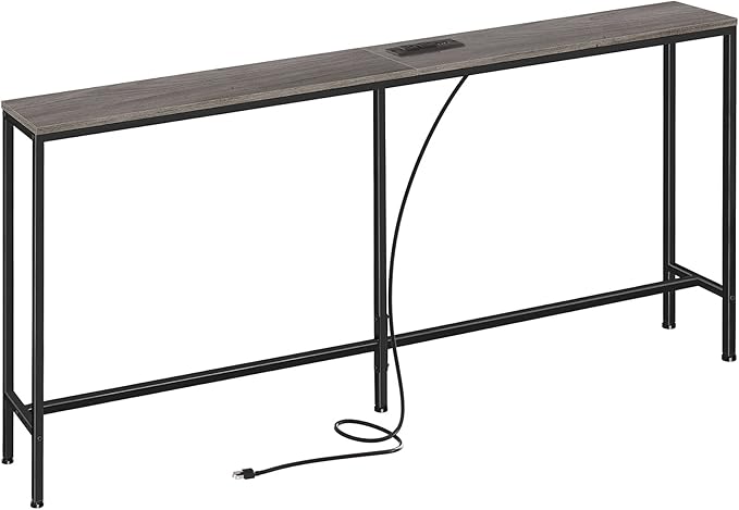 SUPERJARE 70 Inch Console Table with Outlet, Sofa Table with Charging Station, Narrow Entryway Hallway Table, Behind Couch Table, for Living Room, Charcoal Gray
