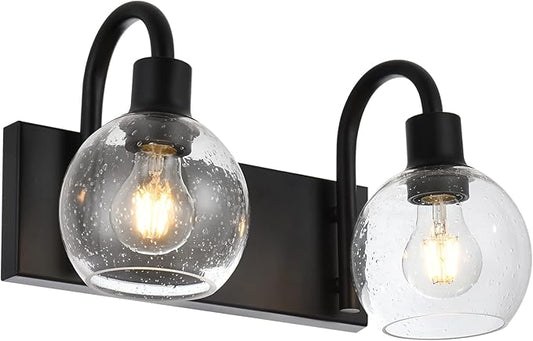 Bathroom Vanity Light with Globe Seeded Glass 2-Lights Industrial Black Wall Sconce Lighting for Foyer Hallway