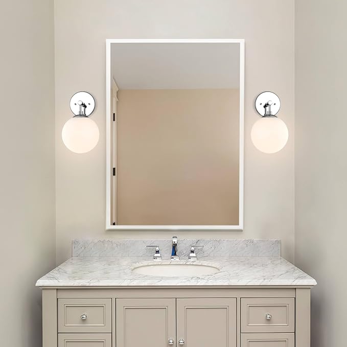 XiNBEi Lighting Globe Wall Sconce Modern 1 Light Chrome Sconce Bathroom Opal Glass Vanity Wall Light Fixture for Bath, Hallway & Bedroom XB-W1211-CH