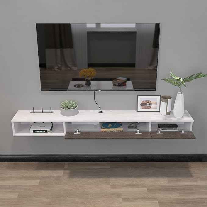 Pmnianhua Floating TV Shelf,63'' Wall Mounted Floating TV Stand,Floating Media Console,Wall TV Console,Under TV Entertainment Shelf with 2 Doors for TVs up to 70''(Greyish-White)