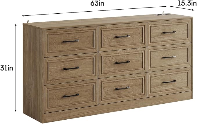 Fameill Dresser for Bedroom, 9 Drawer Wide Dresser Organizer with Charging Station, Tall Dresser for Hallway, Wood Dresser with Metal Handles, Oak