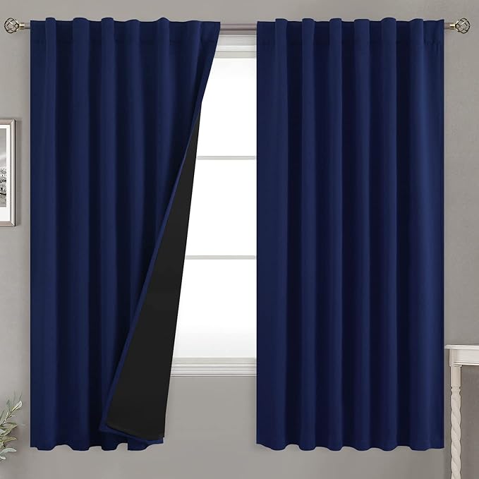 BGment Navy Blue 100% Blackout Curtains 63 Inches Long with Reducing Noise Liner, Rod Pocket and Back Tab Double Layer Full Room Darkening Window Curtain for Bedroom, 2 Panels, Each 52 x 63 Inch