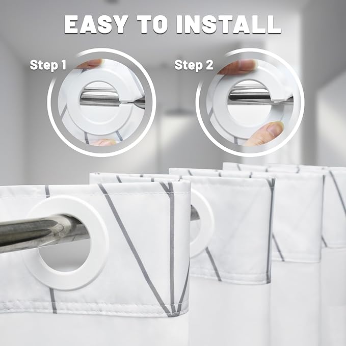 No Hook Geometric Striped Shower Curtain with Snap in Liner Set - Hotel Shower Curtain and Liner Set with See Through Mesh Top Window,Machine Washable, 71x74 INCH- Grey & White Chevron