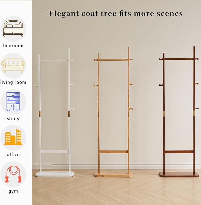 Coat Rack Freestanding, Coat Tree with 2 Main Rods and Stable Design, Clothes Racks for Hanging Coats Clothes Suits Jacket, Easy to Assemble and Very Sturdy, Natural Wood Color USYD-202