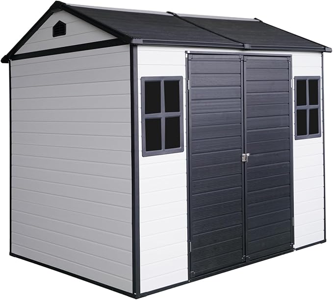 8x6 FT Outdoor Storage Shed, Resin Garden Shed with Thick Floor, Plastic Storage Shed with 2 Windows, Waterproof Outside Tool Shed with Lockable Hinged Doors for Backyard, Patio, Lawn, Black+White