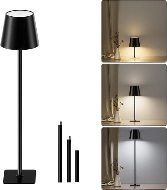 JACKYLED Cordless Lamp DIY Height, 3 Color Stepless Dimming, 5000mAh Battery Operated Lamp Portable Rechargeable for Bedroom Dinning Kitchen, Metal Black, 1 Pack