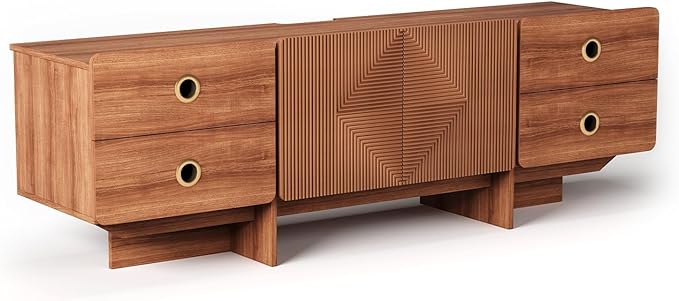 66" Fluted TV Stands for Living Room, Mid Century Modern TV Consoles for 75 inch TV, Entertainment Center with Storage, Media Console with Adjustment Shelf(Cherry)