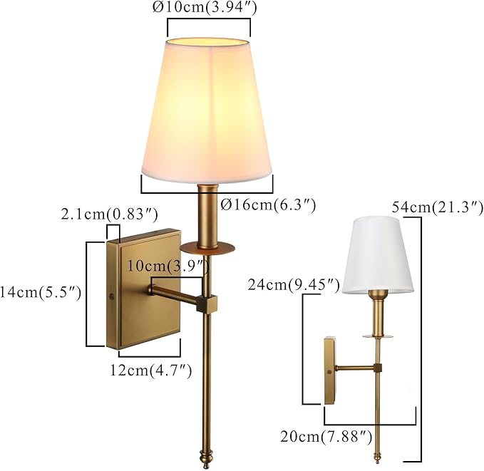 PERMO Set of 2 Classic Rustic Industrial Wall Sconce Lighting Fixture with Flared White Textile Lamp Shade and Antique Brass Tapered Column Stand, Hardwired, E26 Base