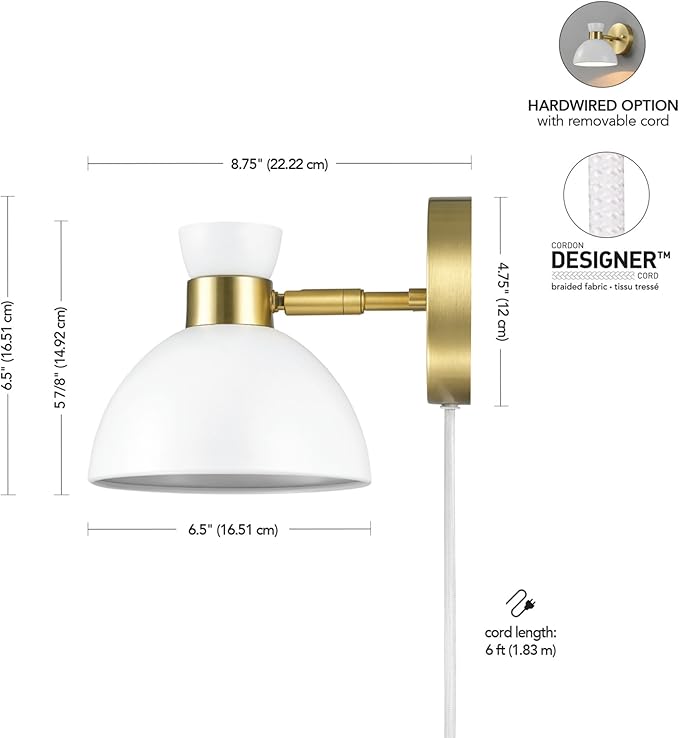 GLOBE Electric 65000099 1-Light Plug-in or Hardwire Wall Sconce, Matte Brass, Matte White Pivoting Metal Shade, 6ft Clear Cord, in-Line Rocker Switch, Wall Lights for Living Room, Bedroom, Den