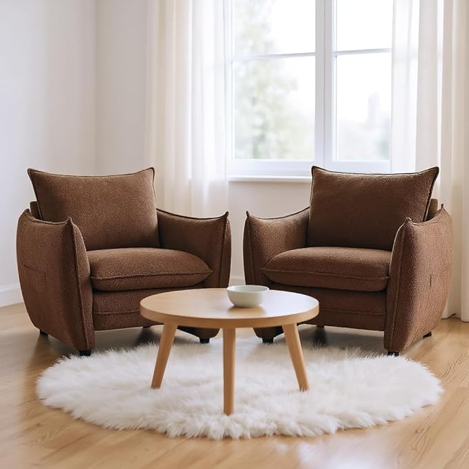 Oversized Accent Chair, Modern Single Sofa Cloud Chair with Removable Pillow, Deep Seat Comfy Armchair for Living Room Bedroom Reading Nook - Upholstered Lounge Chair (Brown, Set of 2)