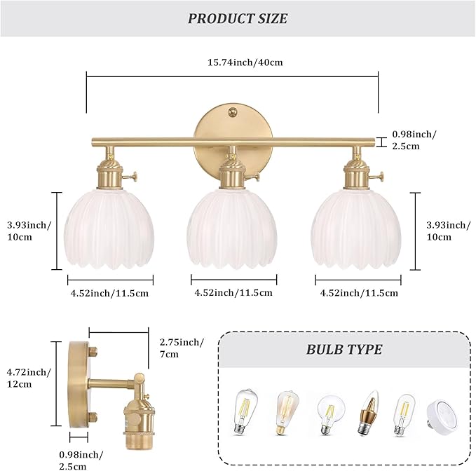 Bathroom Light Fixtures, 3-Light Brass Vanity Wall Light Over Mirror with White Tulip Glass Shade for Bedroom Living Room