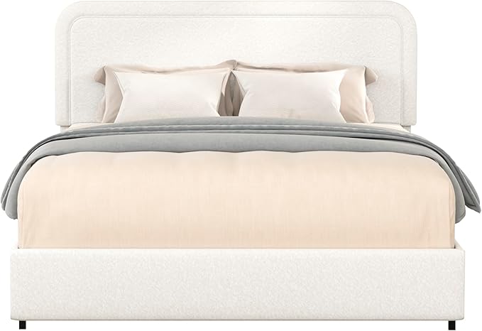 GDFStudio Upholstered Bed with Storage,Queen Size Platform Bed Frame with 2 Drawers,Curved Stitched Tufted Headboard, Wooden Slat Mattress Support No Box Spring Needed Easy Assembly, Ivory Boucle