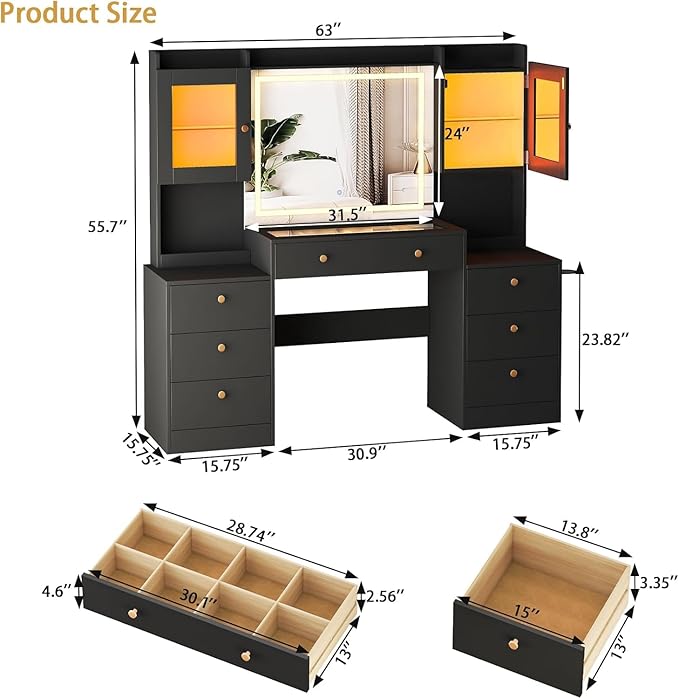 63" Makeup Vanity Desk with Mirror and Lights, Glass Top Makeup Vanity with Power Outlet, 3 Lighting Colors, 7 Drawers, 2 Cabinets for Bedroom, Black