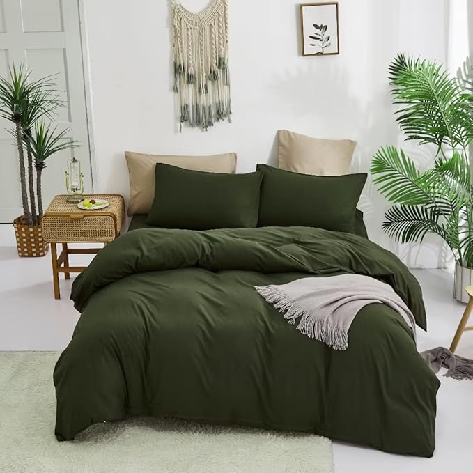 CLOTHKNOW Full Size Comforter Sets Army Green 3Pcs Dark Green Bedding Comforter Sets Soft Comforter with 2 Pillow Cases Women Men Comforter