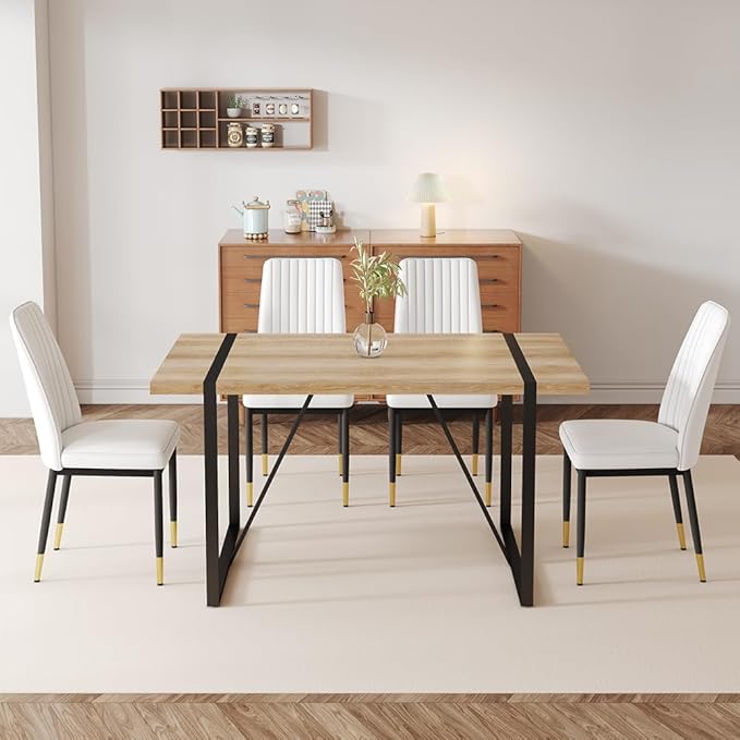 Dining Table Chairs Set for 4, Modern Rectangular Dining Room Table Set PU Leather Upholstered Dining Chairs 55" Dinner Table Set for Kitchen, Dining Room (Dining Table Set for 4, White)