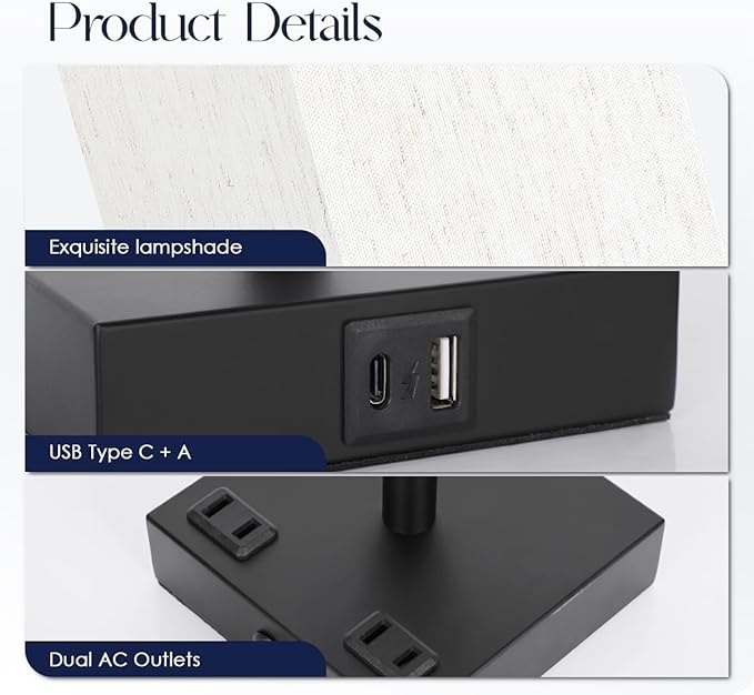 Bedside Table Lamp for Bedroom - Touch Small Lamp with USB C+A Charging Ports & AC Outlets, 3 Way Dimmable Nightstand Light for Living Room (LED Bulb Included, Flaxen)