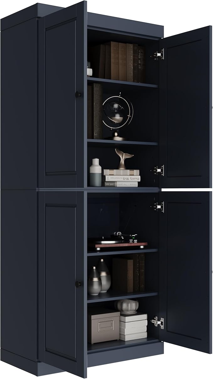 Palace Imports Solid Wood Bookcase - 6-Shelf Tall Bookshelf, 71.5” H x 32” W - Antique Blue, Wooden Cabinet Doors, Adjustable Shelves, 100% Renewable Eco-Friendly Wood, Made in Brazil