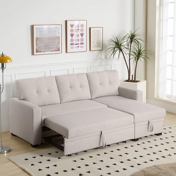 L-Shape Sofa Bed, 82" Sectional Couch with Storage Chaise, Pull Out Sleeper Sofa with Removable Back Cushions, Convertible Corner Couch for Living Room Apartment, Beige