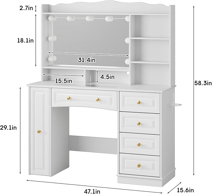 Maupvit 47.1" Makeup Vanity with Mirror and Lights,White Vanity Desk with Drawers and Shelves，Large Makeup Table with Glass Top，Bedroom Dressing Table