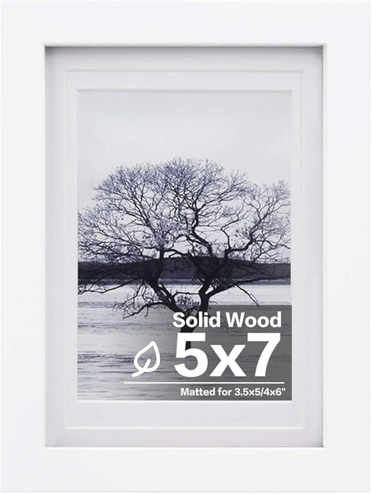 Egofine 5x7 Picture Frame Made of Solid Wood, Covered by Plexiglass Display Pictures 3.5x5/4x6 with Mat or 5x7 Without Mat for Table Top Display and Wall Mounting Photo Frame, White