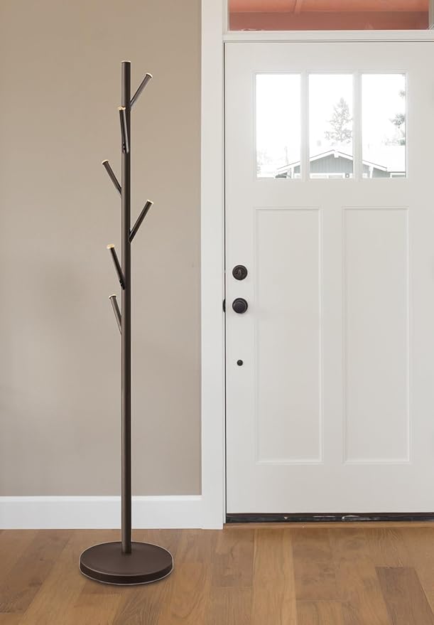 Kira Home Addison 68" Modern 6 Hook Free Standing Metal Coat Rack, Weighted Base, Gold Cap Accents + Oil-Rubbed Bronze Finish