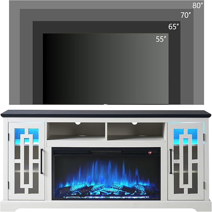 70" Farmhouse Large Fireplace TV Stand for 80 Inch TV, LED Media Entertainment Center with 37" Fireplace, Rustic TV Console Storage Cabinet with Adjustable Shelf for Living Room, Antique White