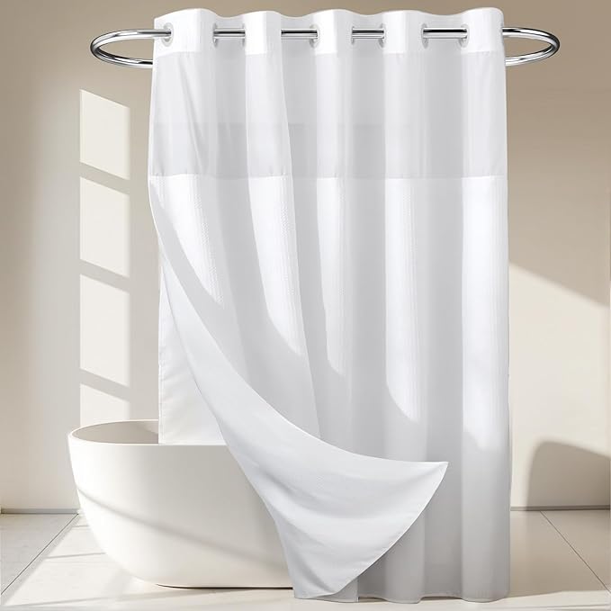River Dream Heavyweight No Hooks Required Dotted Waffle Weave Shower Curtain with Snap in Liner - 71W x 77H,Hotel Grade,Spa Like Bath Curtain,White