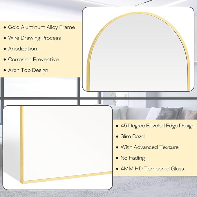 Large Gold Arched Mirror, 30" x 40" Modern Brushed Metal Frame Arch Wall Decorative Mirror, Arched Top Bathroom Vanity Mirror for Living Room Bedroom Hallways Entryway