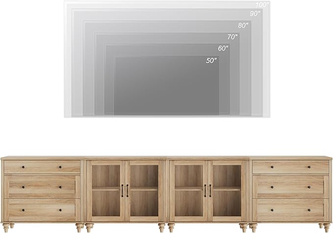 WAMPAT Modern TV Stand for TVs up to 110 inch, 4 in 1 Entertainment Center with Storage Cabinets and 4 Glass Door, Media Console with 6 Drawer Dresser for Living Room, Oak