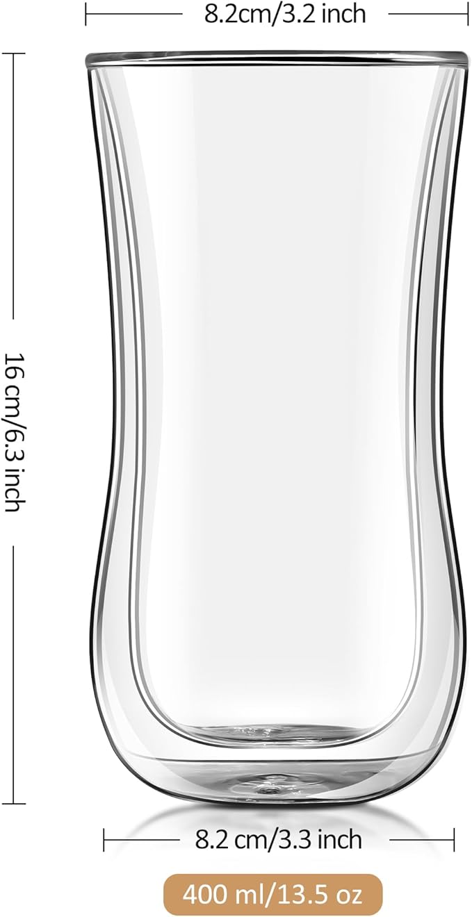Joeyan Glass Double Walled Beer Drinking Glasses Tumbler, Double Layer Tall Borosilicate Insulated Water Cocktail Glass Cups, Double Lined Thermo Tea Coffee Hot Beverage Glassware 12 oz, Set of 2