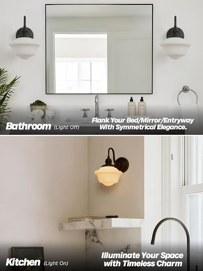 Vintage Wall Sconce Light Hardwire Black Bathroom Vanity Light with Frosted Milk White Gyro Glass Shade Modern Farmhouse Wall Lamp Fixture for Bathroom Mirror Living Room Bedroom Indoor