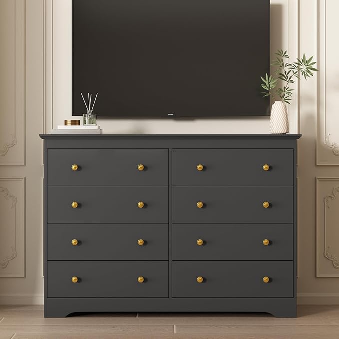 LYNSOM Modern 8 Drawer Dresser, 55.1" Wide Dressers & Chests of Drawers with Large Capacity Storage, Mid Century Black Dresser for Bedroom, Hallway, Black