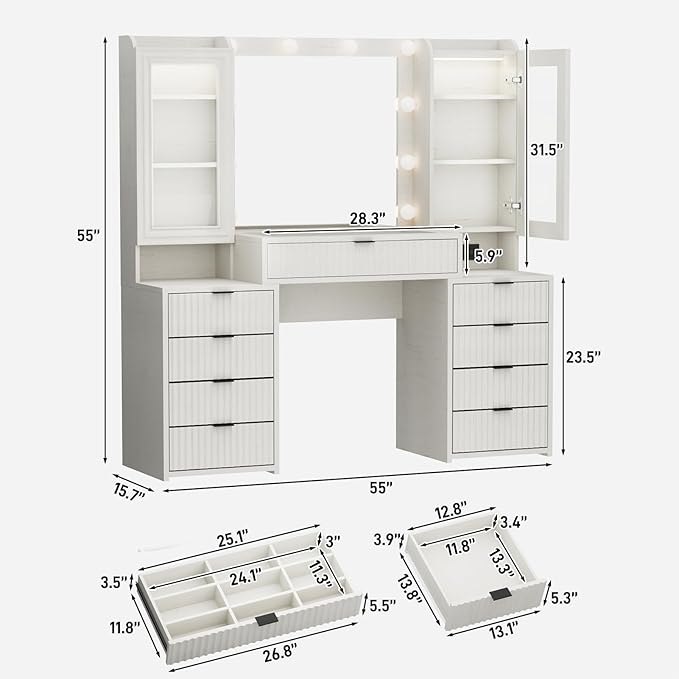 55" Fluted Makeup Vanity Desk with Large Mirror and Lights, Modern Glass Top Big Vanity Table with 9 Drawers & Open Storage Shelves, Dressing Table w/Charging Station for Bedroom, White