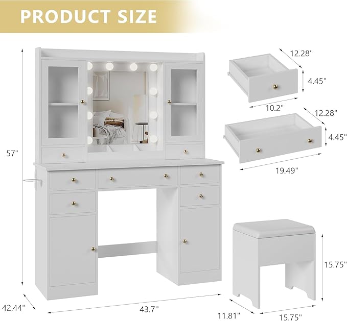 Makeup Vanity Desk with Mirror & LED Lights, Storage Drawers, Charging Station, Cabinets & Stool, Large Dressing Table with RGB Ambient Lighting for Bedroom & Vanity Room