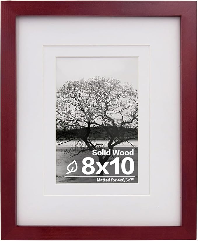 Egofine 8x10 Picture Frame Made of Solid Wood, Covered by Plexiglass for Pictures 4x6 or 5x7 with Mat or 8x10 Without Mat, Photo Frame for Table Top and Wall Display, Cherry Red