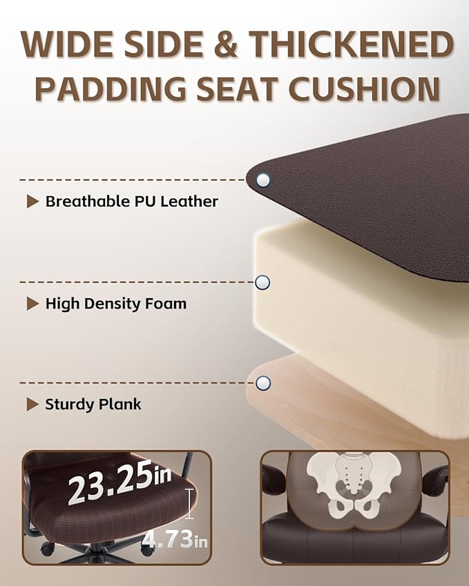 Office Chair Big and Tall 500lbs, Desk Chair Comfy, Oversized Computer Gaming Chair Extra Wide, Executive PU Leather Heavy Duty, High Back Swivel Rocking Chairs with Wheels for Home,Brown