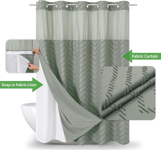 Extra Long No Hook Tufted Chevron Striped Shower Curtain with Snap-in Fabric Liner set-71Wx98H(96H),Tall Hotel Grade Boho Style Shower Curtain,Water Repellent,Sage Green