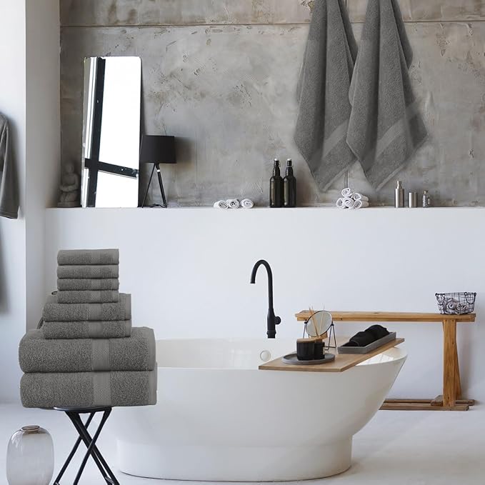 Pack of 8 Towels Set, 2 Large Bath Towels, 2 Hand Towels, 4 Wash Cloths, 100% Cotton, Lighter Weight, Quicker to Dry, Super Absorbent, Perfect for Bathroom (Grey)