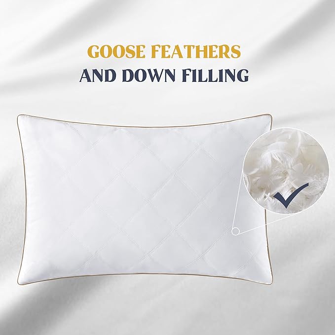 puredown® Goose Feathers and Down Pillow with Diamond Quilting with 100% Cotton Cover, Pack of 1, Queen Size