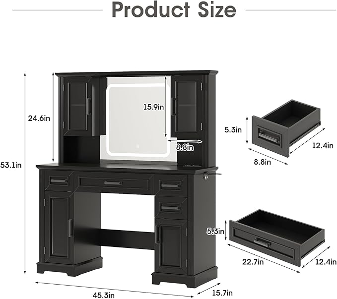 Maupvit Farmhouse Vanity Desk with Mirror and Lights, Makeup Vanity Table with Charging Station, 45" Bedroom Table with 4 Drawers and Cabinets, 3 Lighting Modes, Black