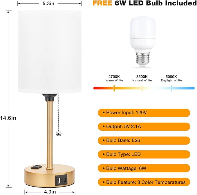 Dicoool Small Bedside Lamps 3 Color Modes - 2700K 3500K 5000K Bedroom Lamps with USB C and A Ports, Pull Chain Gold Table Lamps with AC Outlet, Nightstand Lamps with Gold Metal Base for Kids Reading