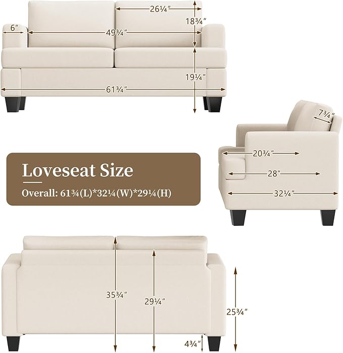 Furnimart 62" Loveseat Couch, Modern Love Seat Couches for Small Spaces, Beige Linen Sofa, Deep Seat Sofa for Living Room, Small 2 Seater Couch for Bedroom, Office