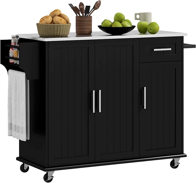 HOMCOM Kitchen Island with Storage, Rolling Kitchen Island on Wheels with Drawer, 3 Cabinets, Stainless Steel Countertop, Spice Rack and Towel Rack, Black