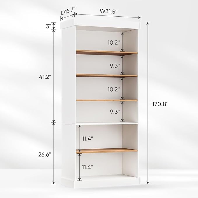 Vyre 70.8" Tall White Bookshelf, Farmhouse Modular Bookcase with 6-Tier Adjustable Shelves, Large Storage Cabinet for Home Office, Living Room