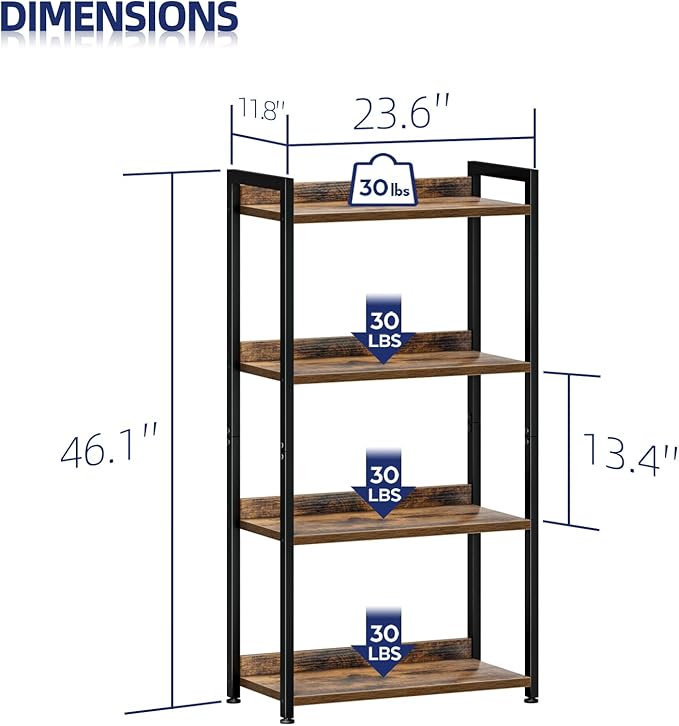 NUMENN Bookshelf, 4 Tier Bookshelves, Home Office Bookcase Shelf Storage Organizer, Free Standing Storage Shelving Unit for Bedroom, Living Room and Home Office, Vintage
